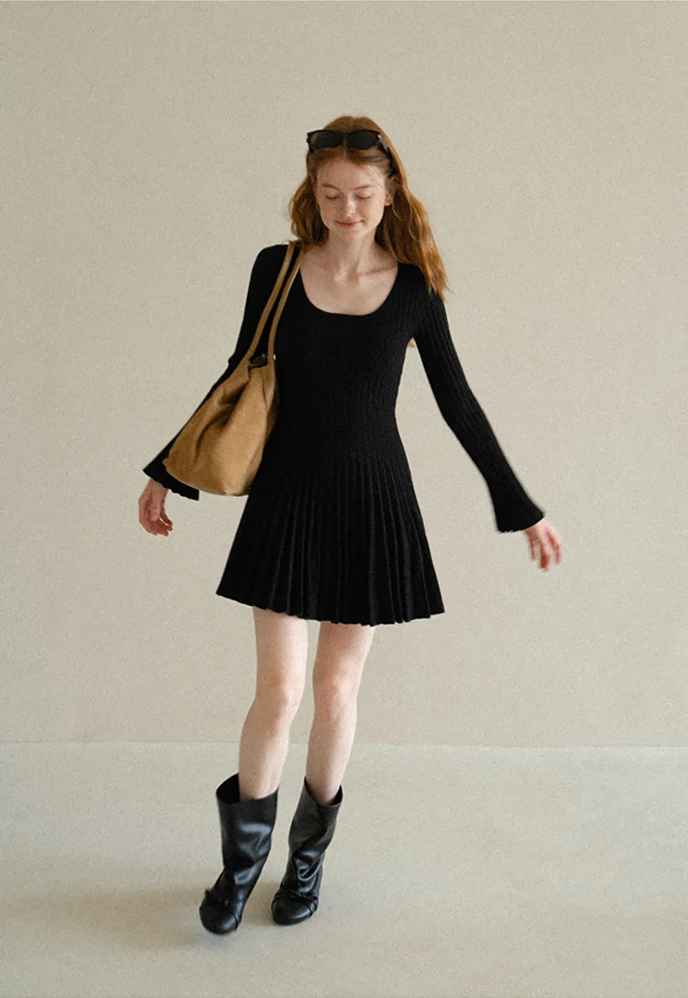 Ribbed Knit Pleated Skirt Dress with Flared Sleeves
