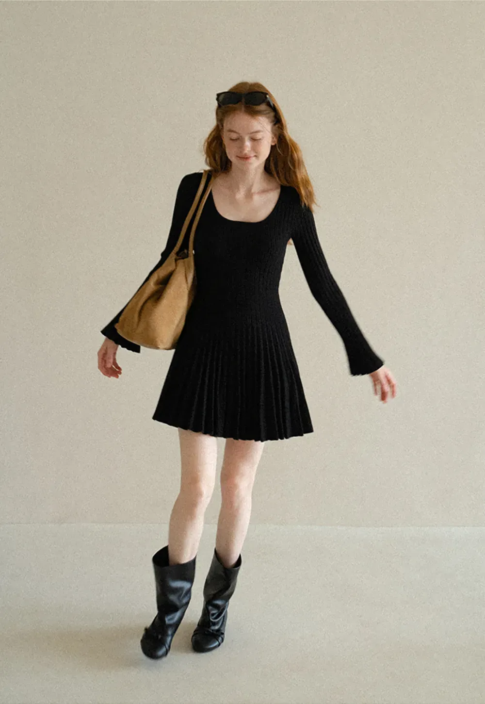 Ribbed Knit Pleated Skirt Dress with Flared Sleeves