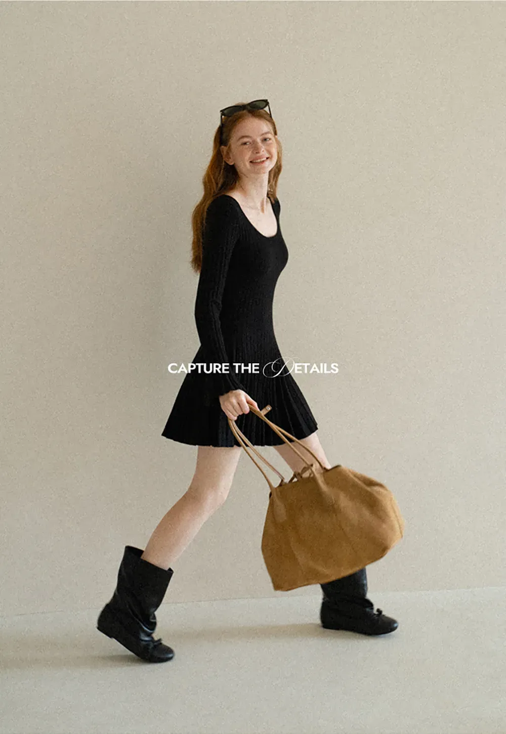 Ribbed Knit Pleated Skirt Dress with Flared Sleeves