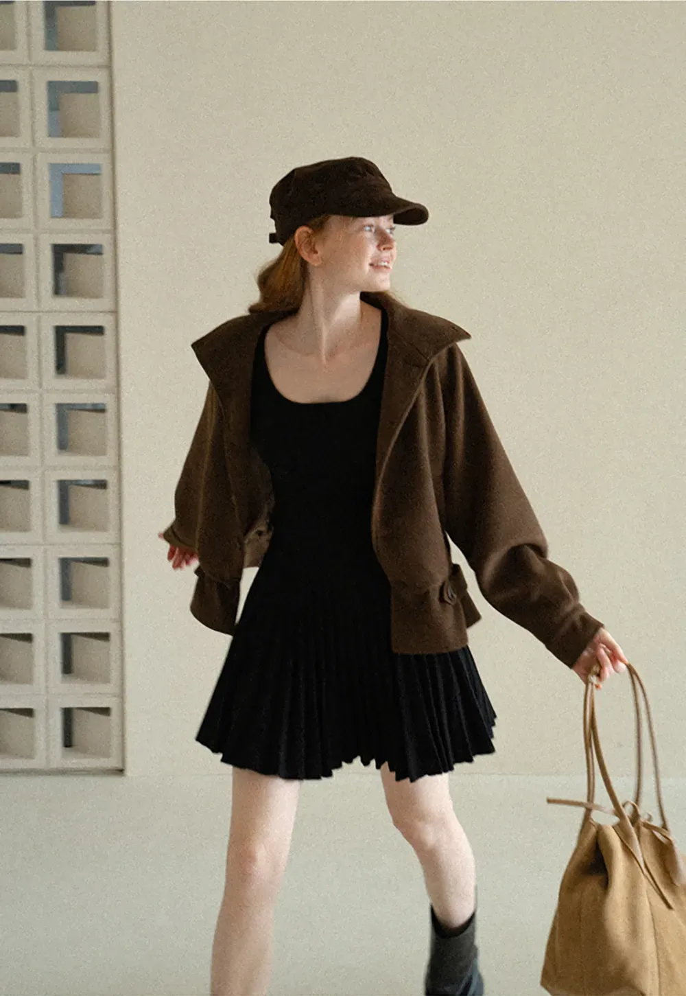 Ribbed Knit Pleated Skirt Dress with Flared Sleeves