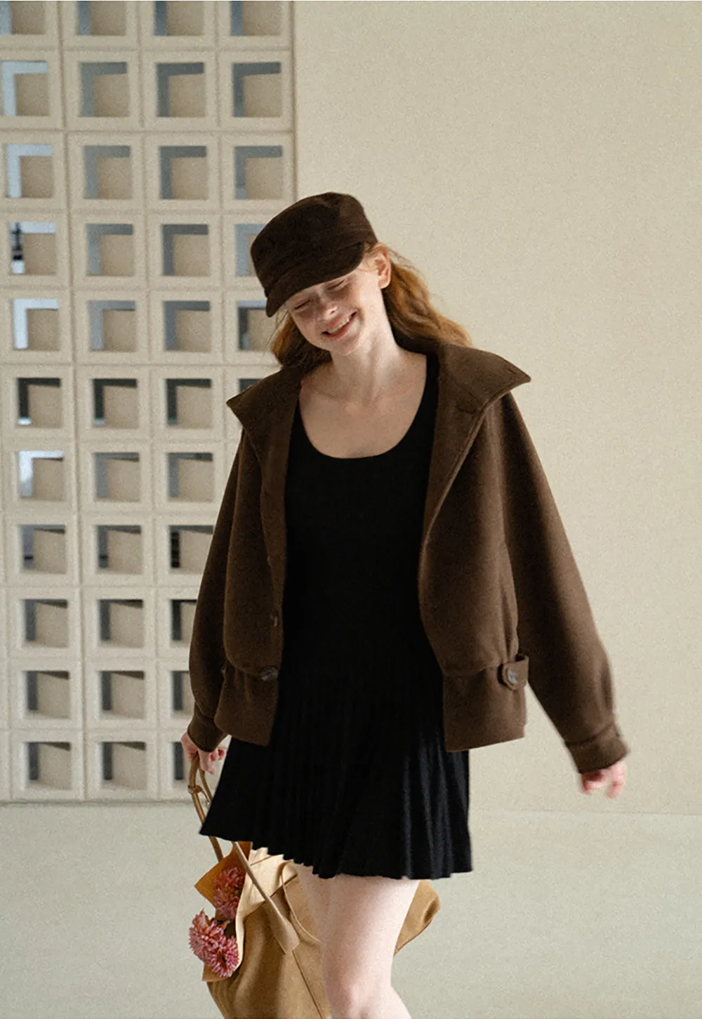 Ribbed Knit Pleated Skirt Dress with Flared Sleeves