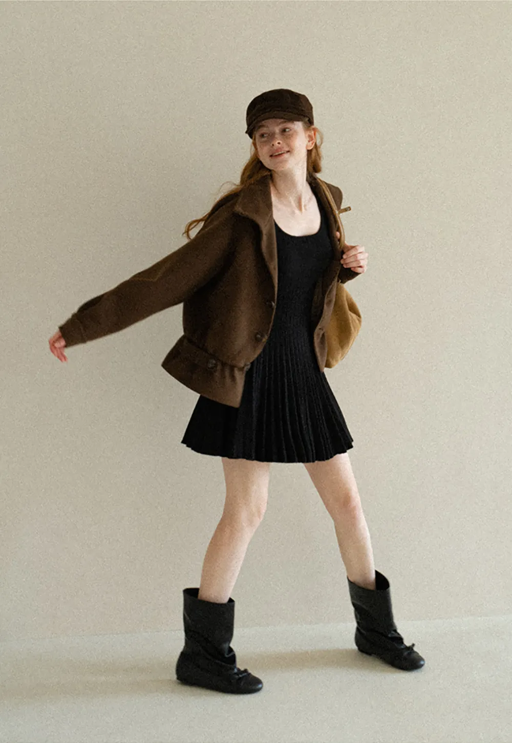 Ribbed Knit Pleated Skirt Dress with Flared Sleeves