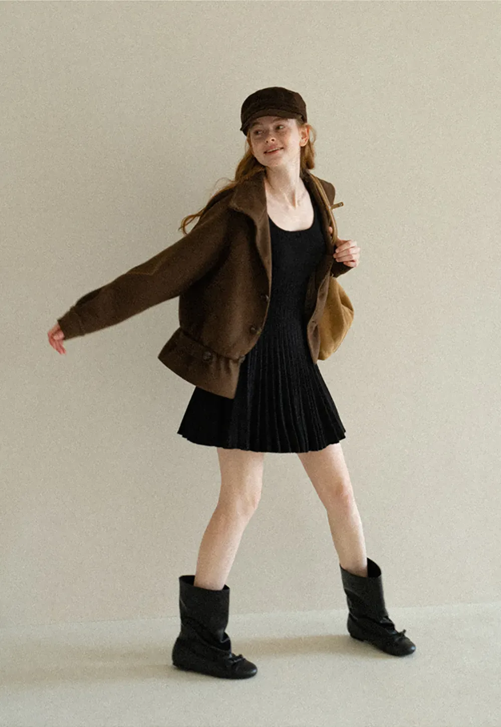 Ribbed Knit Pleated Skirt Dress with Flared Sleeves