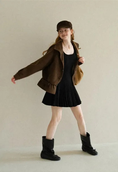 Ribbed Knit Pleated Skirt Dress with Flared Sleeves