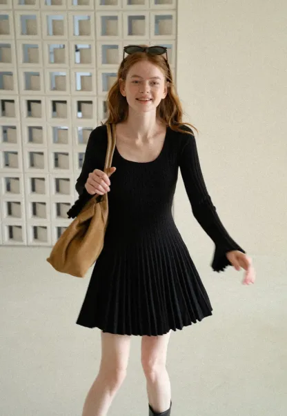 Ribbed Knit Pleated Skirt Dress with Flared Sleeves