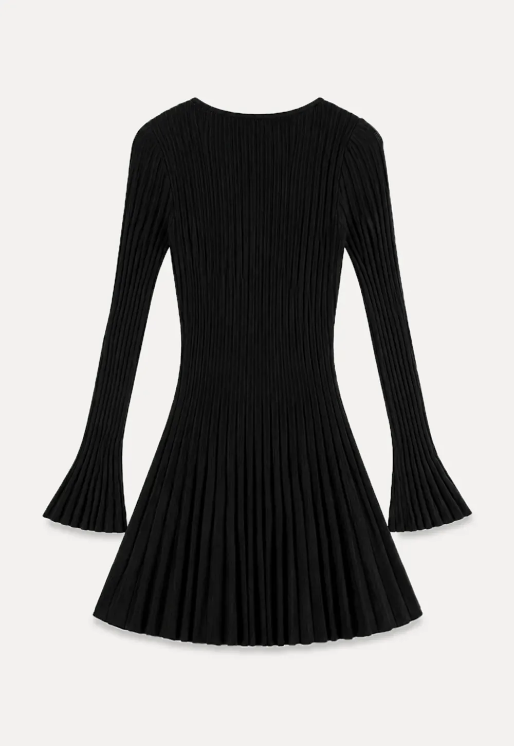 Ribbed Knit Pleated Skirt Dress with Flared Sleeves