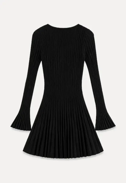 Ribbed Knit Pleated Skirt Dress with Flared Sleeves
