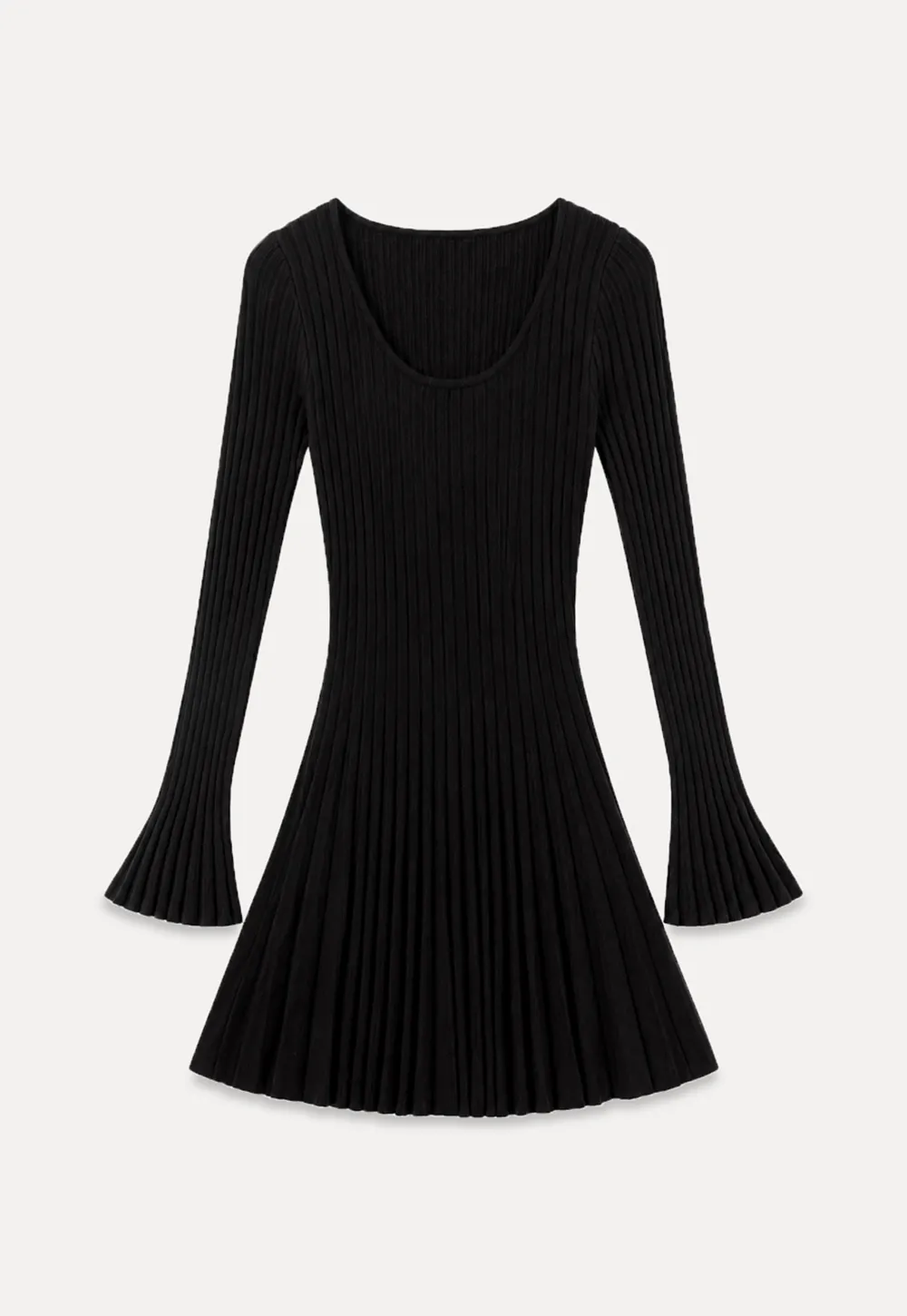 Ribbed Knit Pleated Skirt Dress with Flared Sleeves