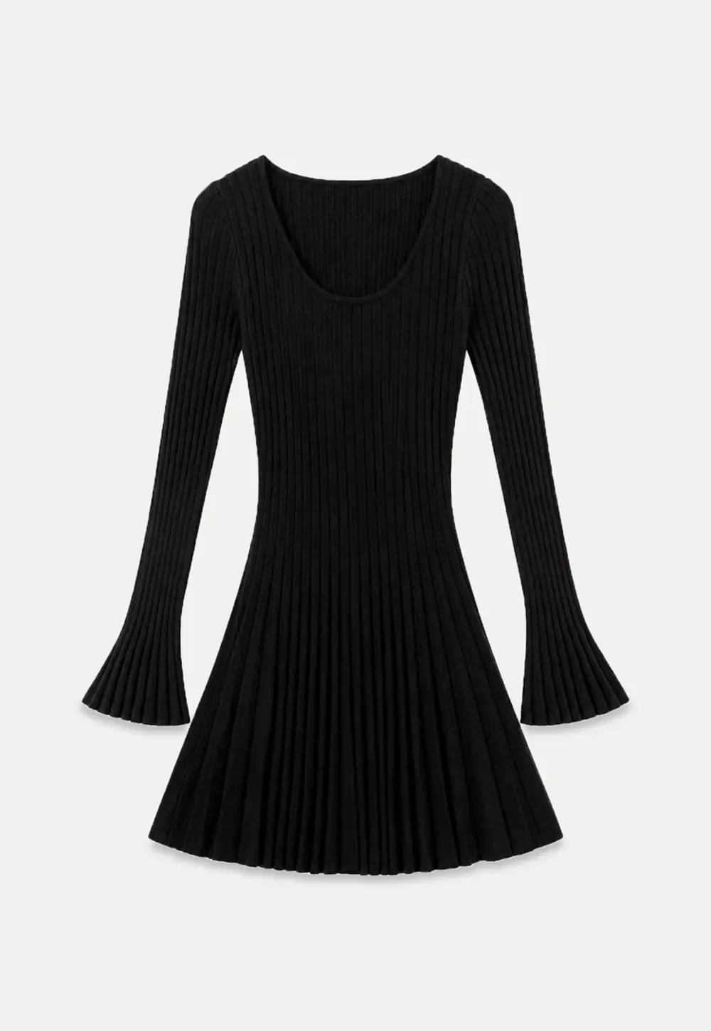Ribbed Knit Pleated Skirt Dress with Flared Sleeves