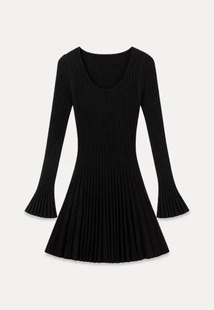 Ribbed Knit Pleated Skirt Dress with Flared Sleeves