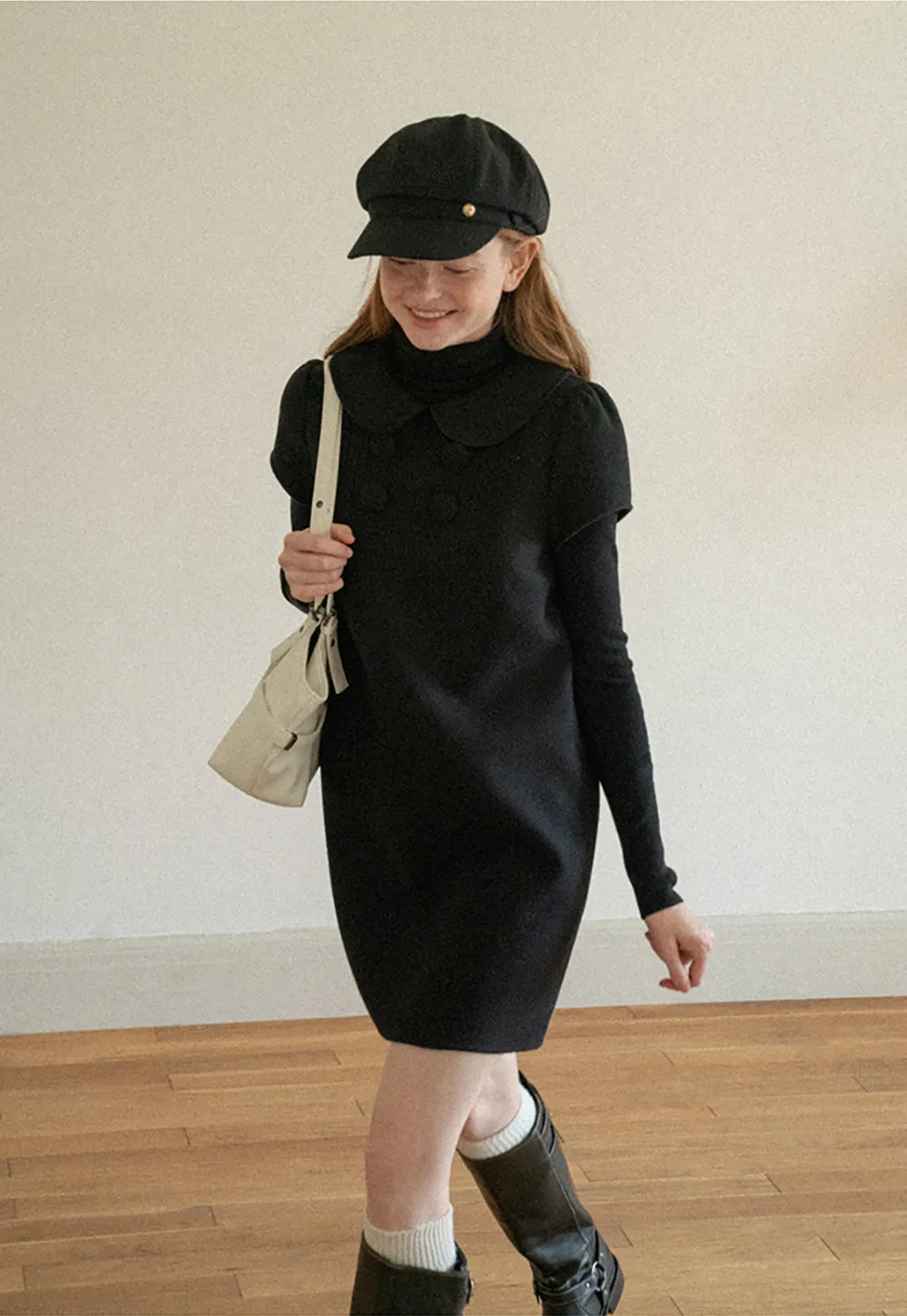 Peter Pan Collar Double Breasted Knit Dress