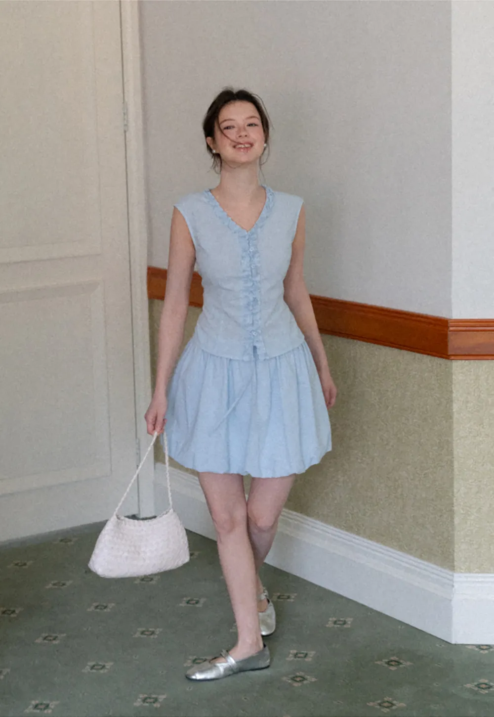 Ruffled V Neck Button Front Sleeveless Dress Set
