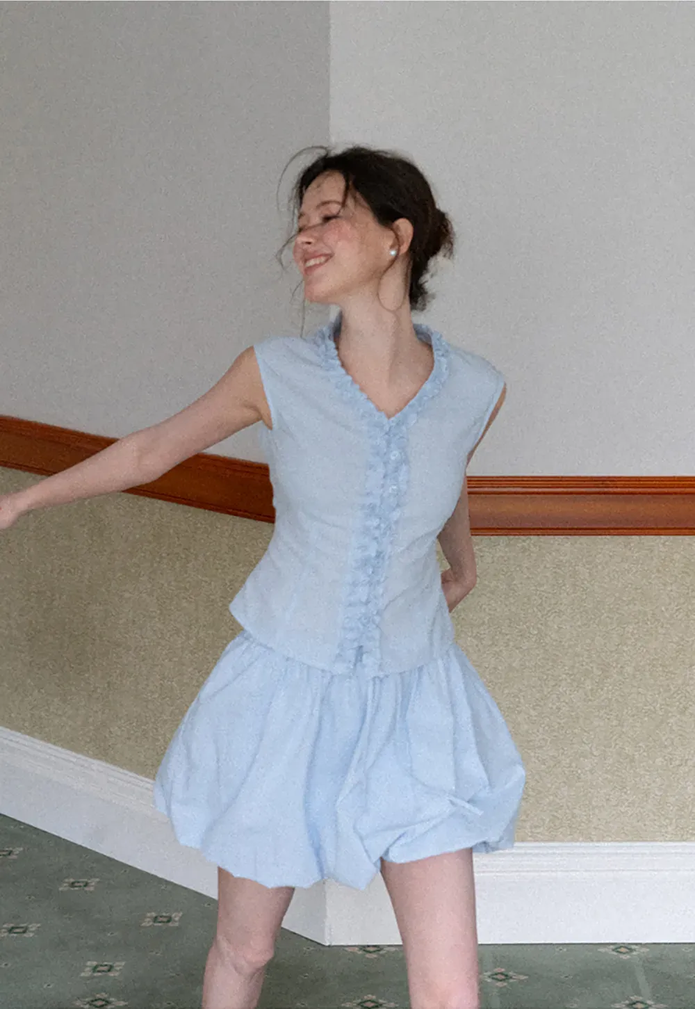 Ruffled V Neck Button Front Sleeveless Dress Set