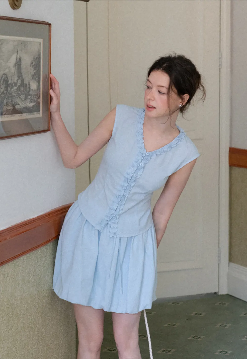 Ruffled V Neck Button Front Sleeveless Dress Set