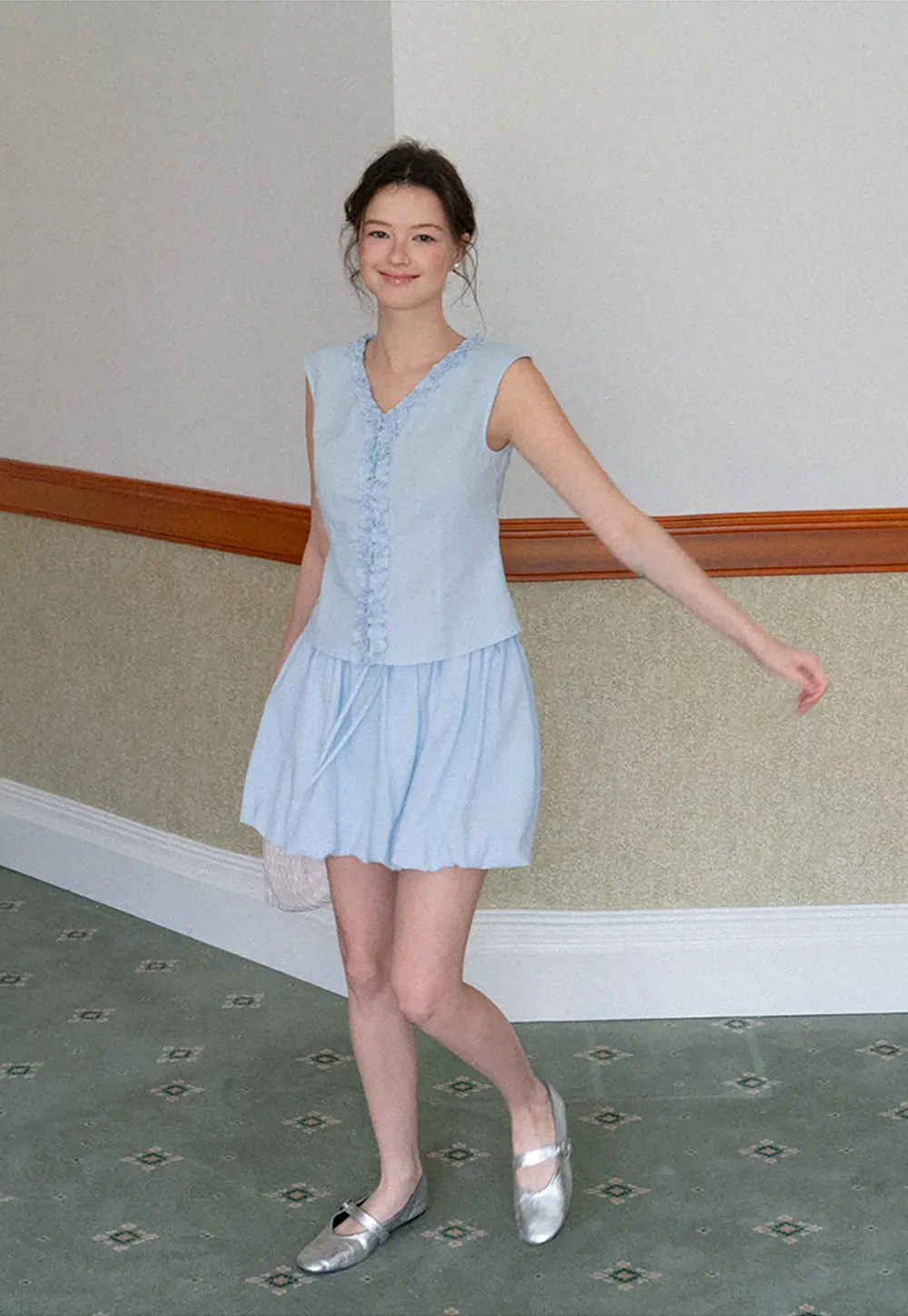 Ruffled V Neck Button Front Sleeveless Dress Set