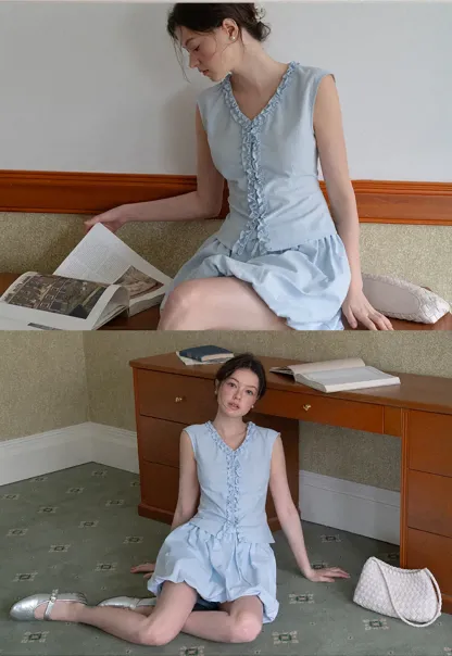 Ruffled V Neck Button Front Sleeveless Dress Set