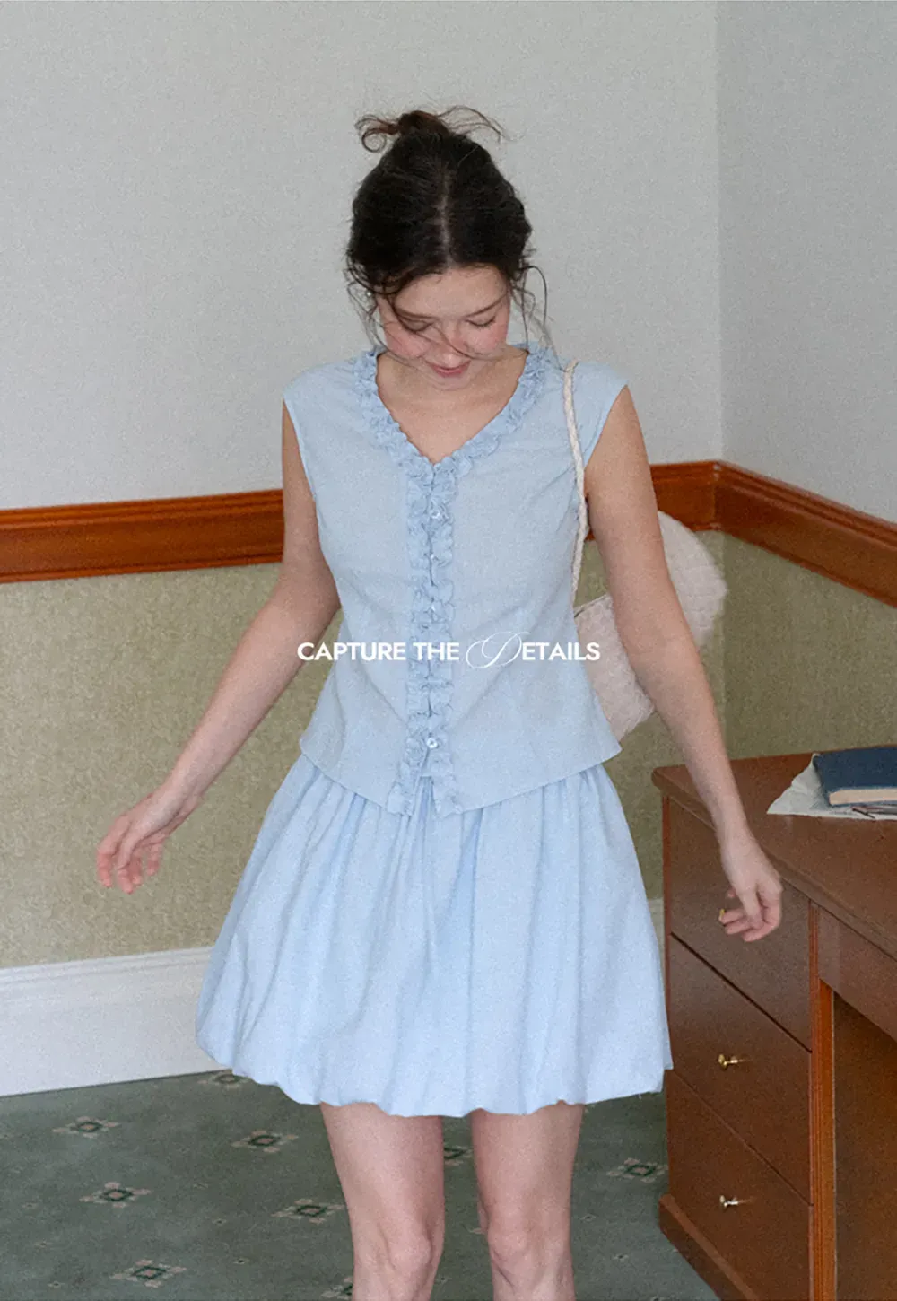 Ruffled V Neck Button Front Sleeveless Dress Set