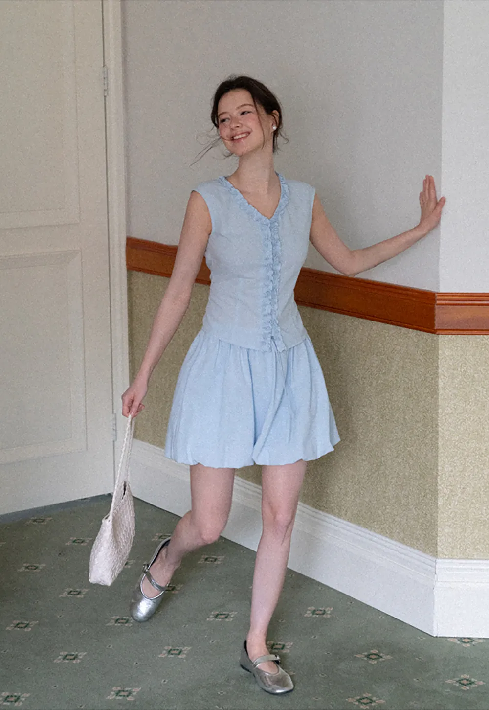 Ruffled V Neck Button Front Sleeveless Dress Set