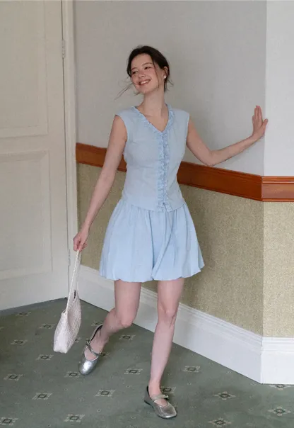 Ruffled V Neck Button Front Sleeveless Dress Set
