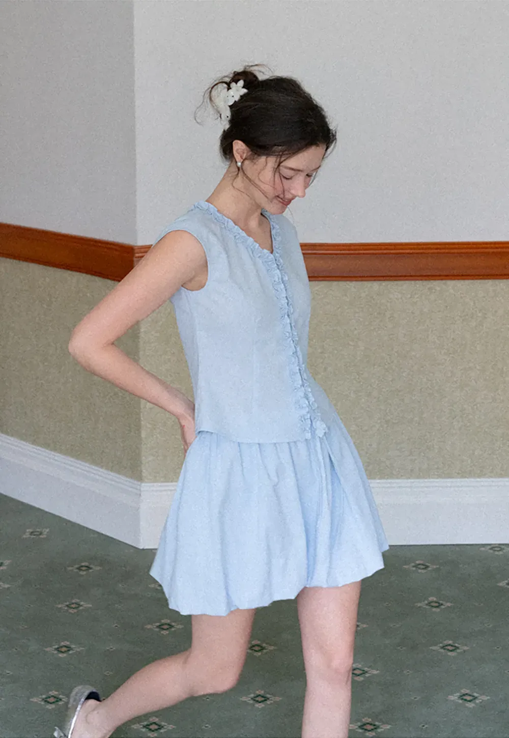 Ruffled V Neck Button Front Sleeveless Dress Set