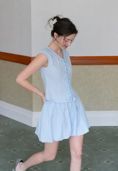 Ruffled V Neck Button Front Sleeveless Dress Set