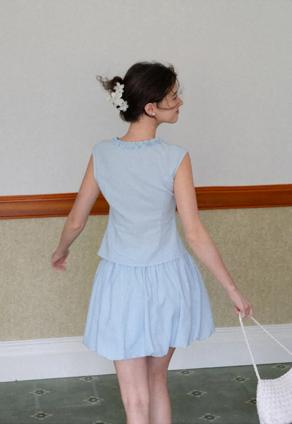 Ruffled V Neck Button Front Sleeveless Dress Set