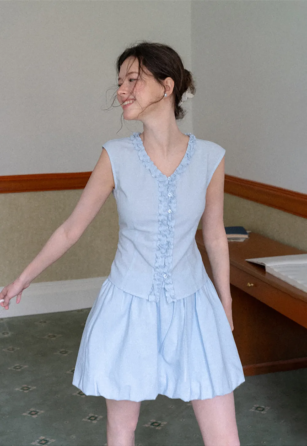 Ruffled V Neck Button Front Sleeveless Dress Set