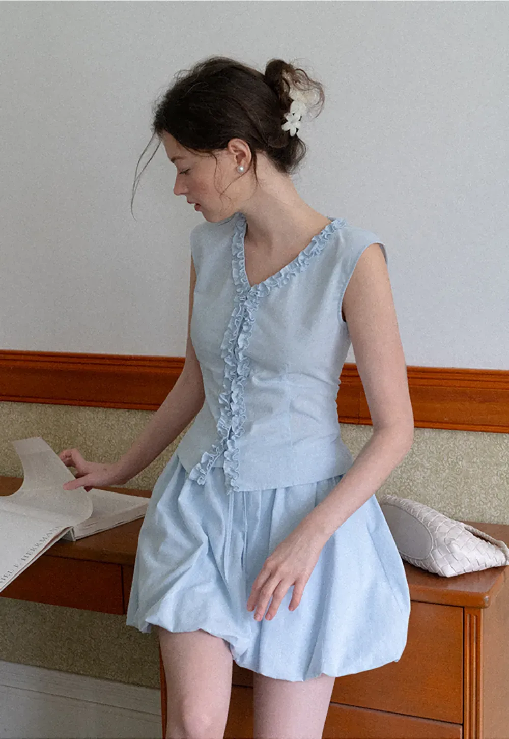 Ruffled V Neck Button Front Sleeveless Dress Set