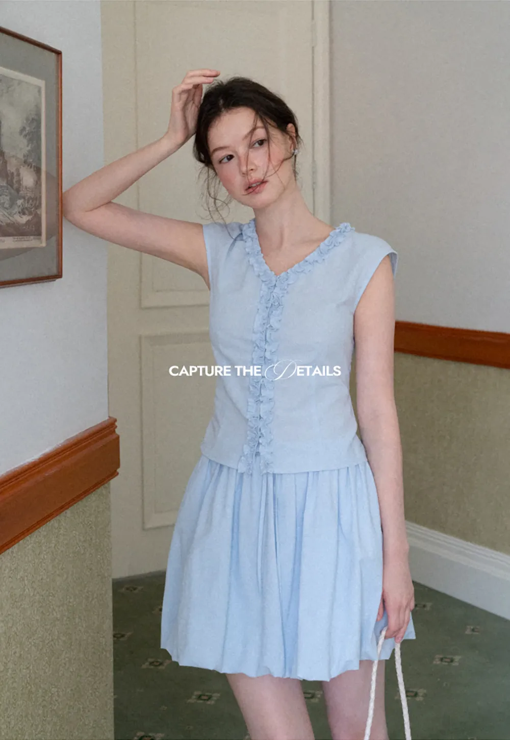 Ruffled V Neck Button Front Sleeveless Dress Set