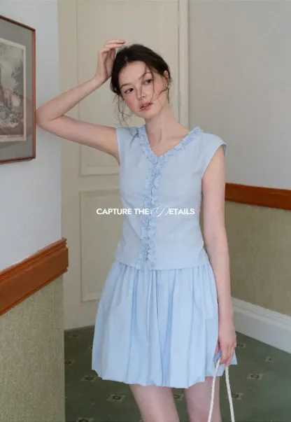 Ruffled V Neck Button Front Sleeveless Dress Set