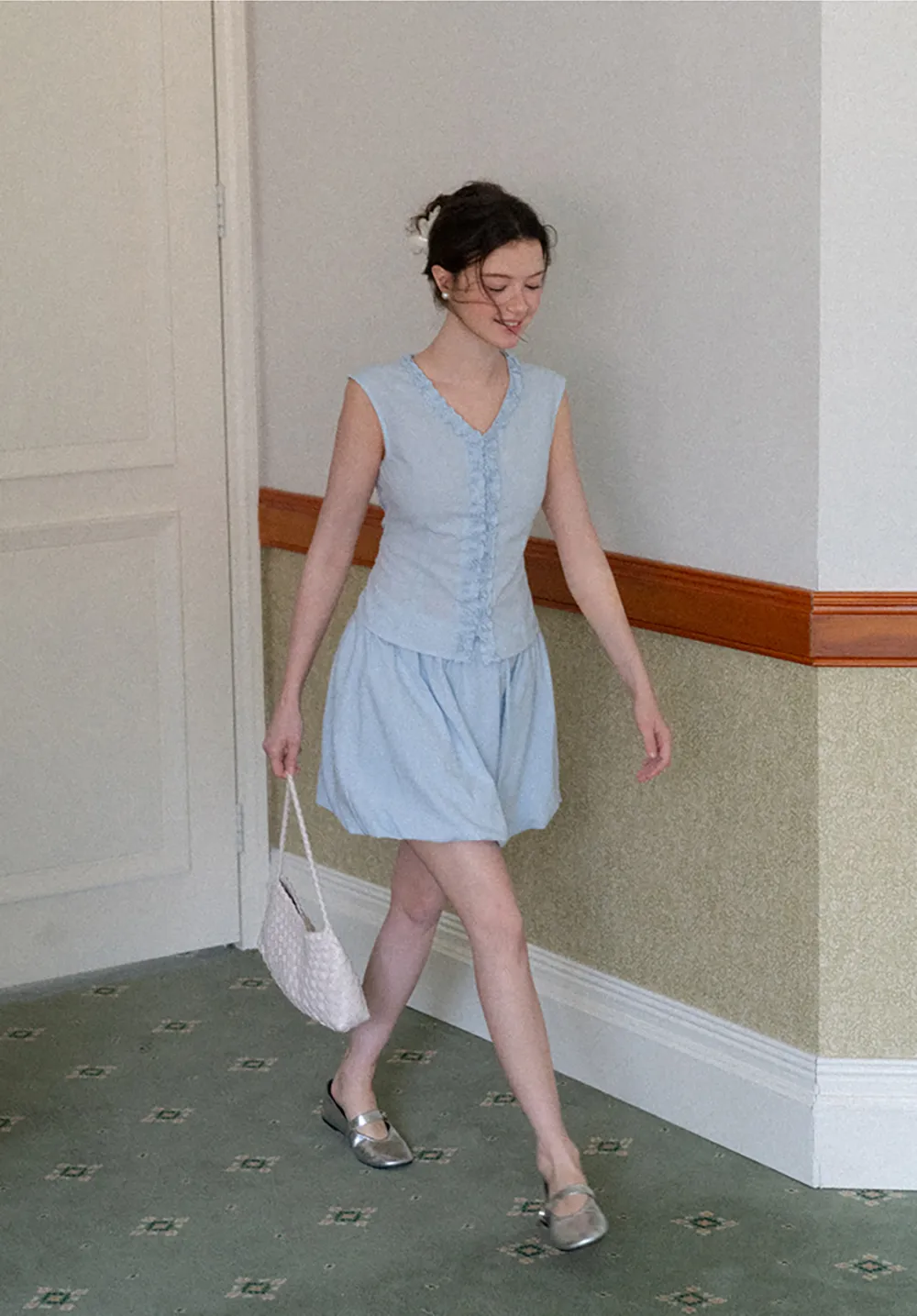 Ruffled V Neck Button Front Sleeveless Dress Set