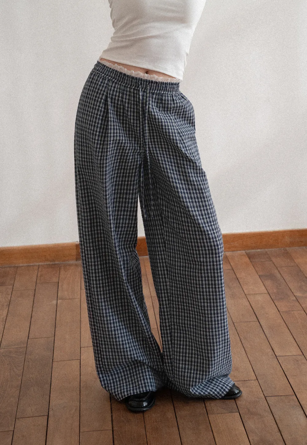 Wide Leg Plaid Casual Pants with Elastic Waist
