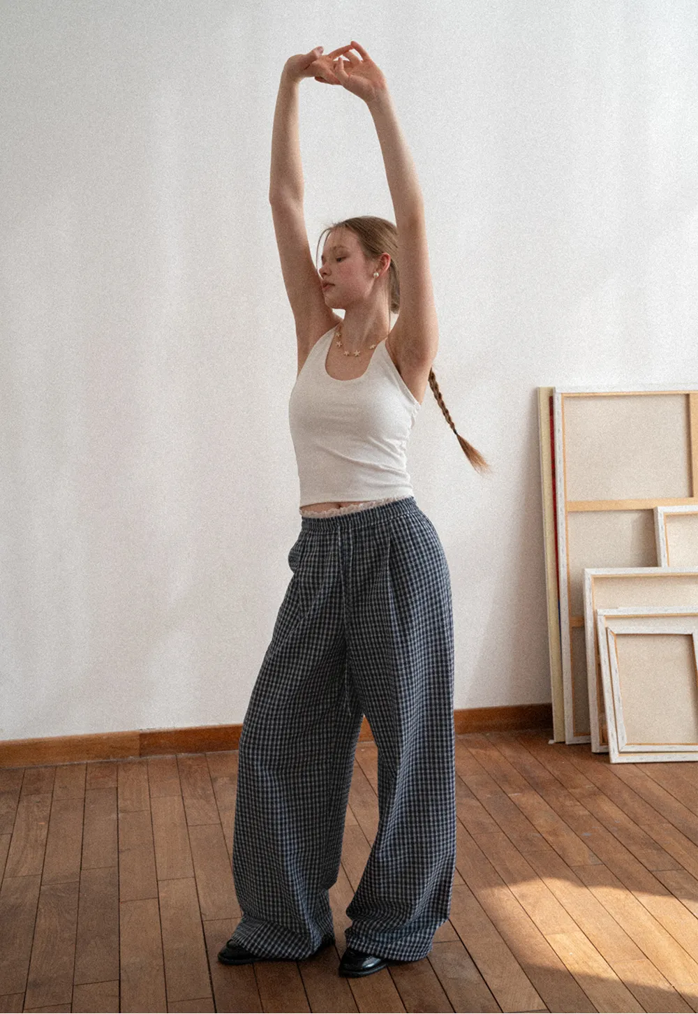 Wide Leg Plaid Casual Pants with Elastic Waist