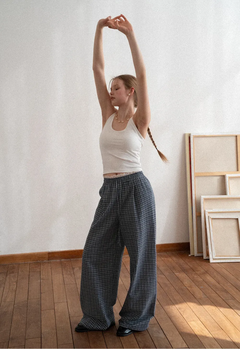 Wide Leg Plaid Casual Pants with Elastic Waist