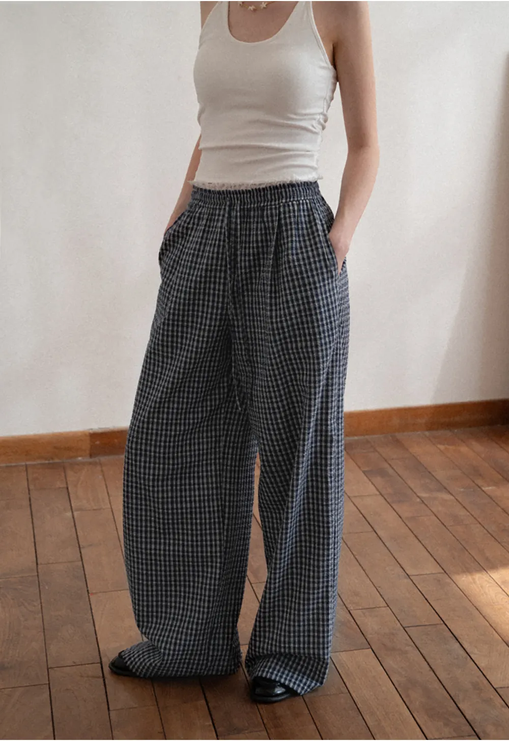 Wide Leg Plaid Casual Pants with Elastic Waist