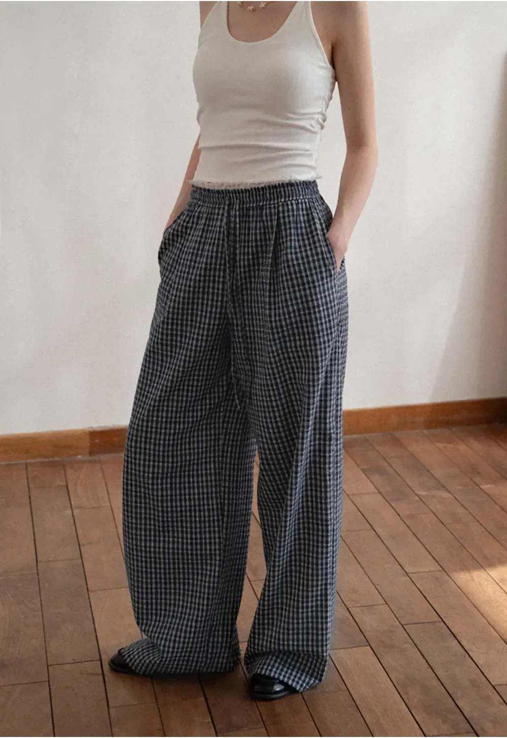 Wide Leg Plaid Casual Pants with Elastic Waist
