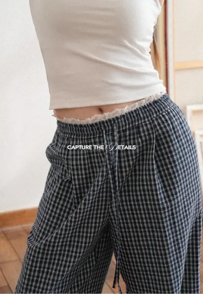 Wide Leg Plaid Casual Pants with Elastic Waist