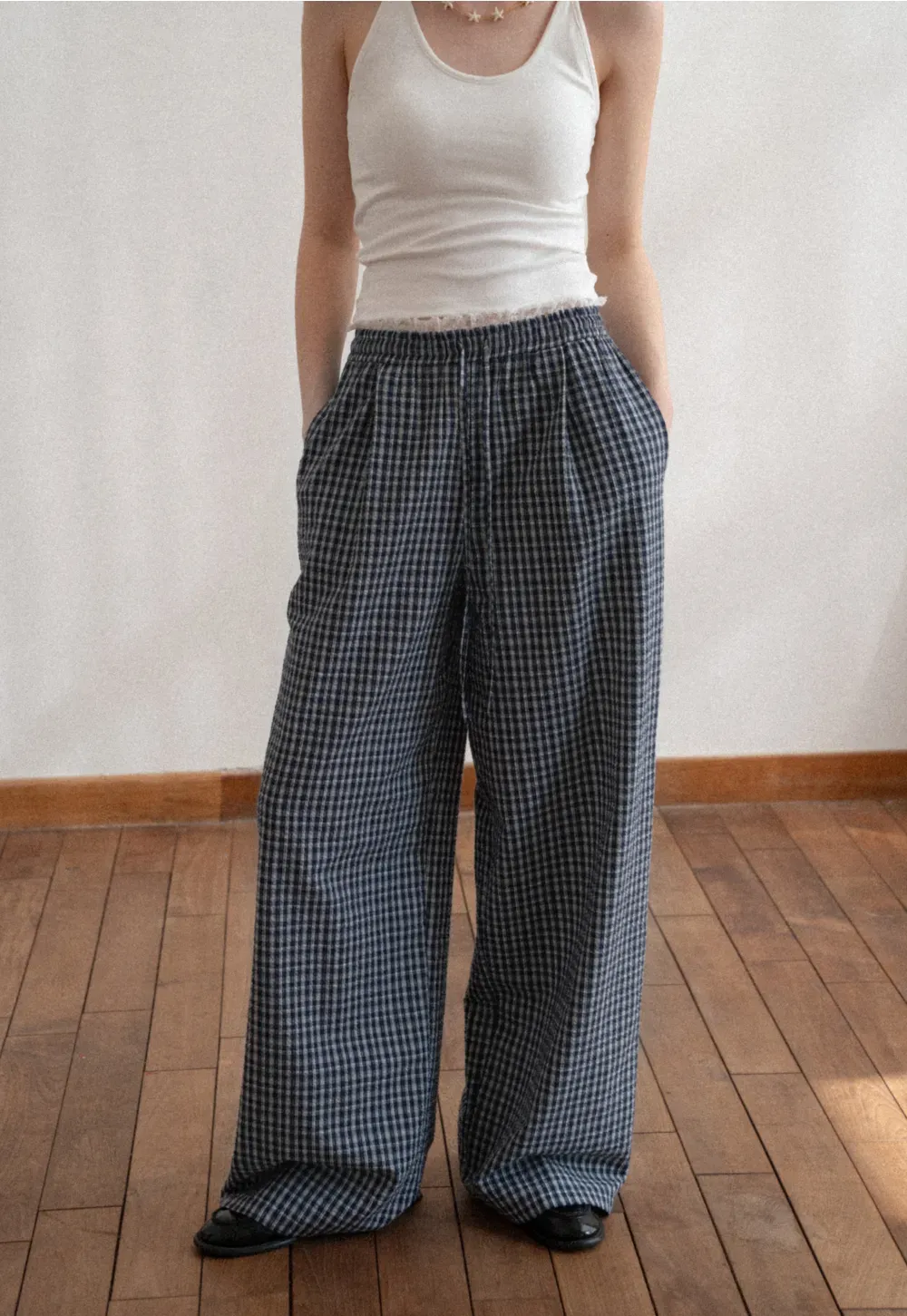 Wide Leg Plaid Casual Pants with Elastic Waist