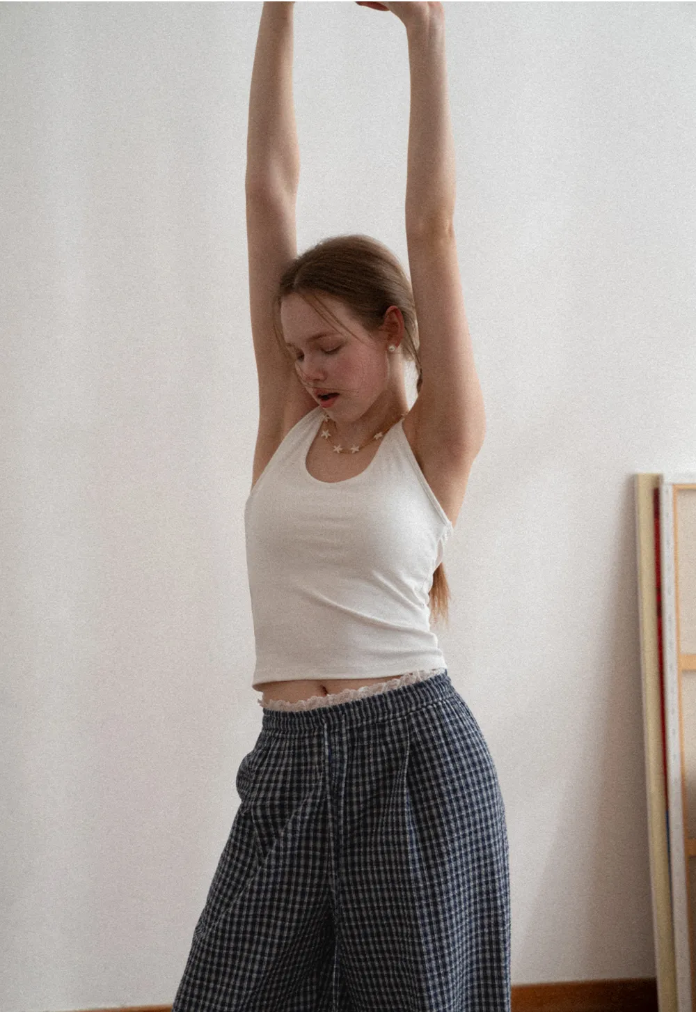 Wide Leg Plaid Casual Pants with Elastic Waist