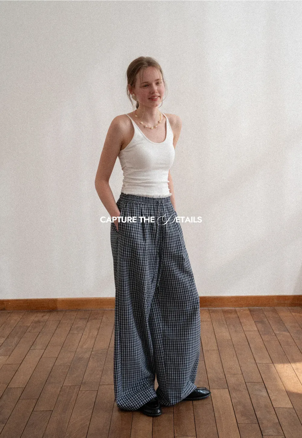 Wide Leg Plaid Casual Pants with Elastic Waist