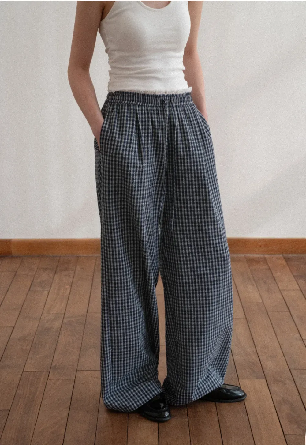 Wide Leg Plaid Casual Pants with Elastic Waist