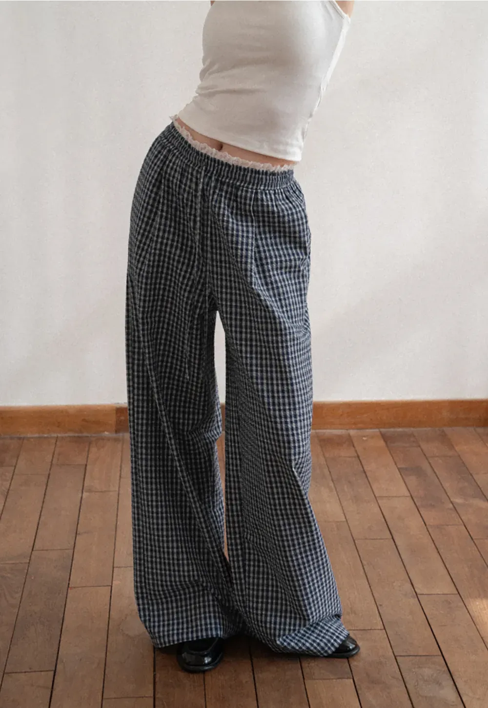 Wide Leg Plaid Casual Pants with Elastic Waist