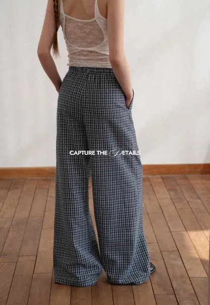 Wide Leg Plaid Casual Pants with Elastic Waist