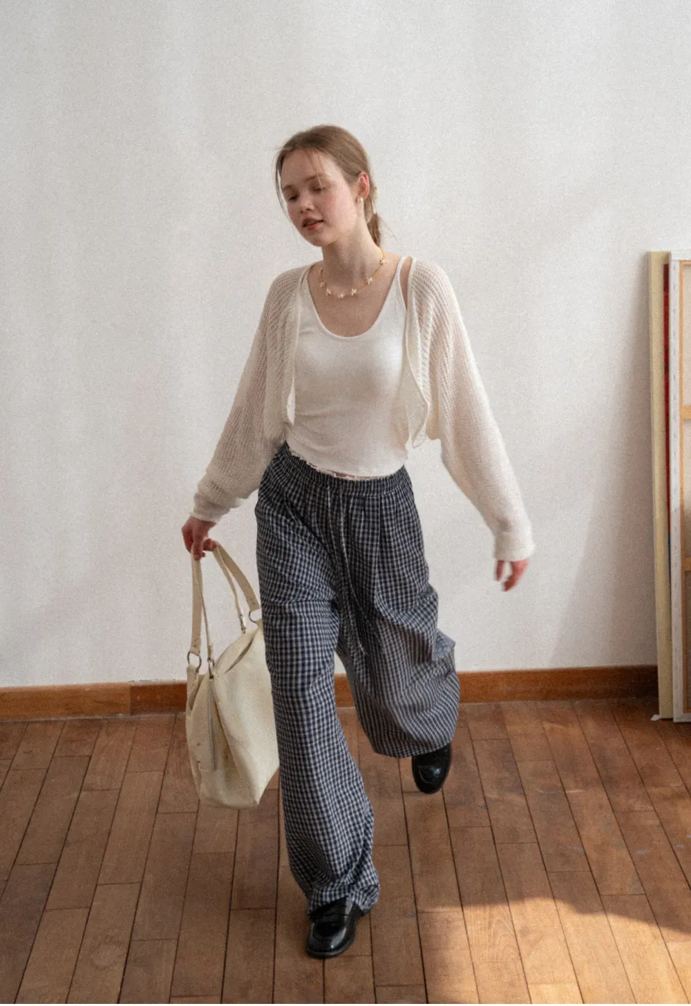 Wide Leg Plaid Casual Pants with Elastic Waist