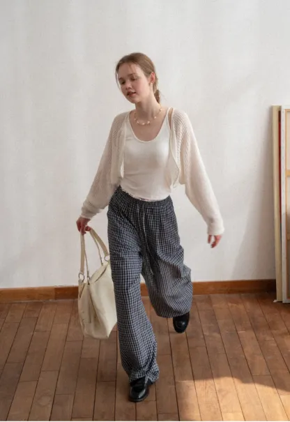 Wide Leg Plaid Casual Pants with Elastic Waist