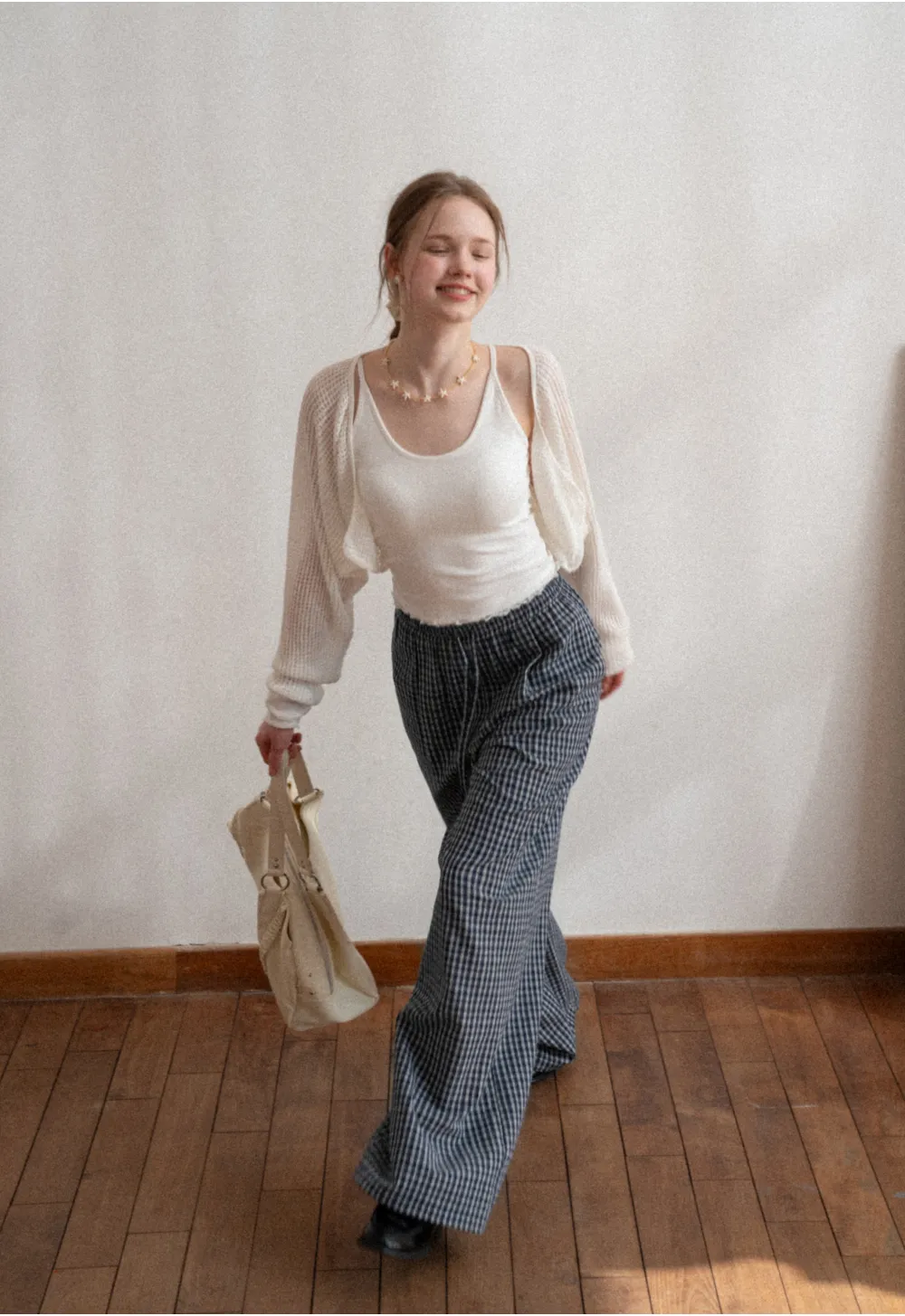 Wide Leg Plaid Casual Pants with Elastic Waist