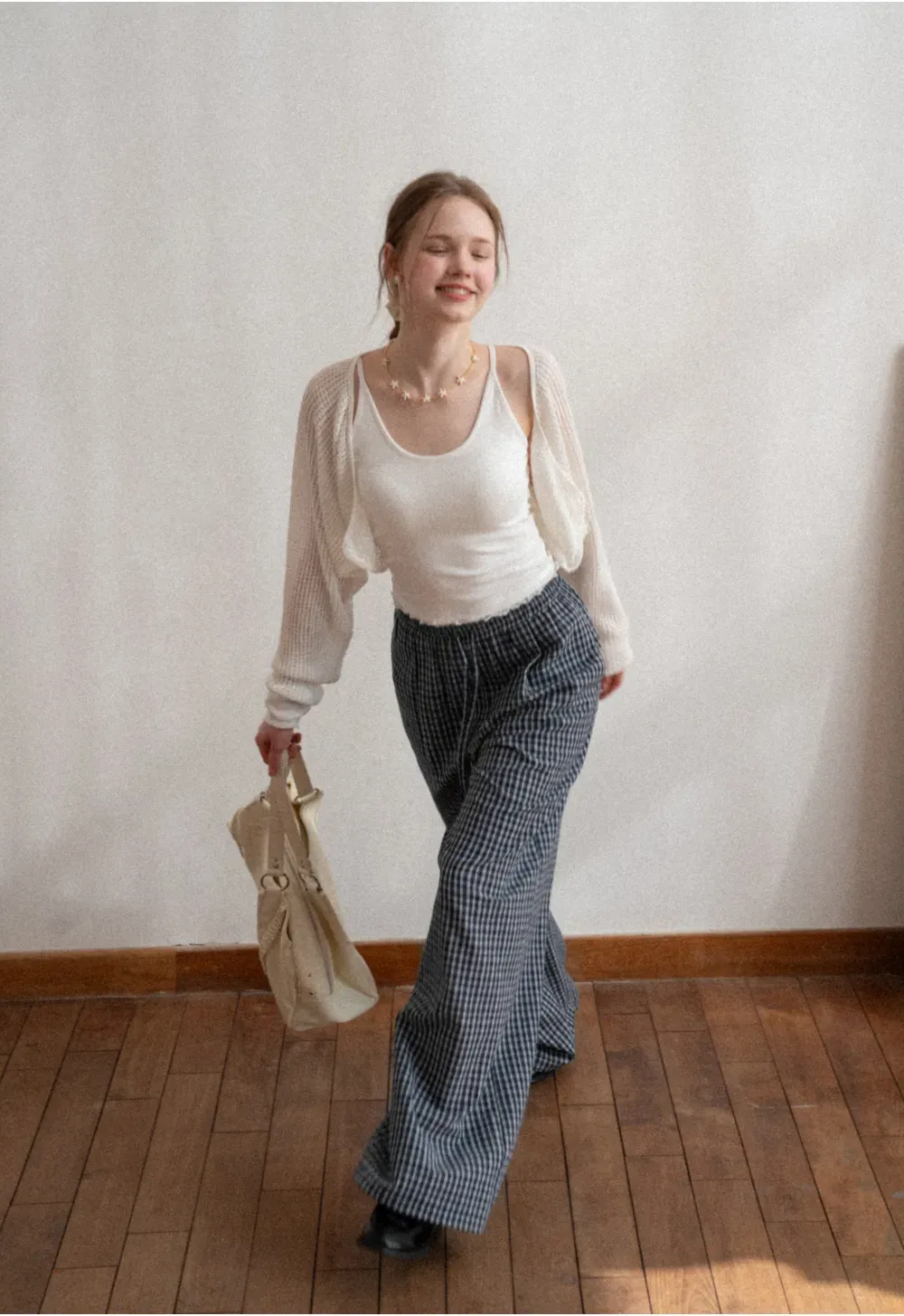 Wide Leg Plaid Casual Pants with Elastic Waist