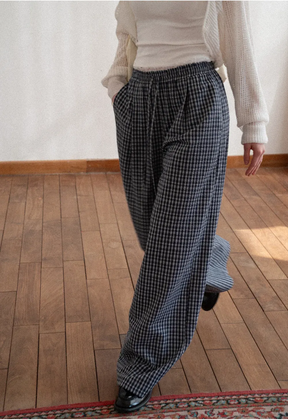 Wide Leg Plaid Casual Pants with Elastic Waist