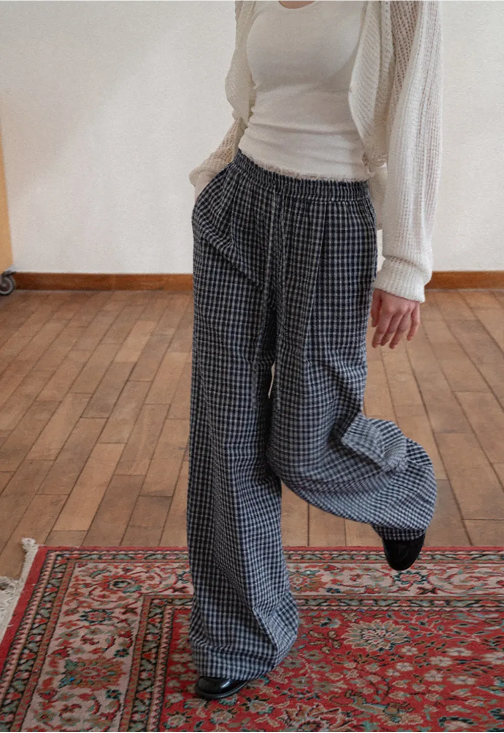 Wide Leg Plaid Casual Pants with Elastic Waist