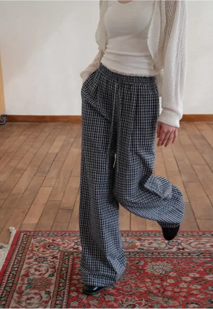 Wide Leg Plaid Casual Pants with Elastic Waist